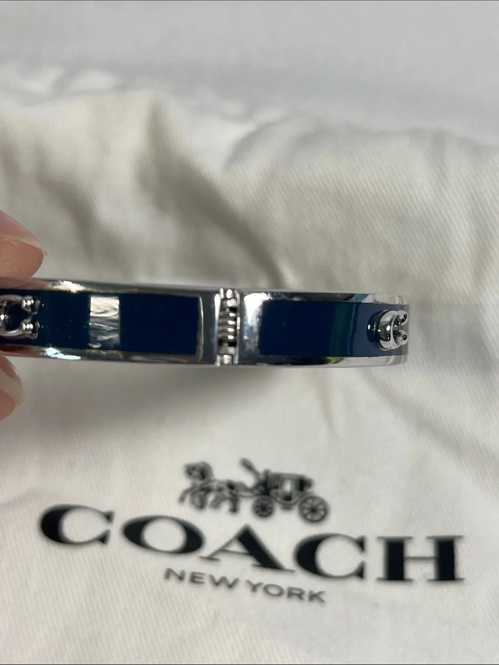 Coach Blue Enamel Signature C Silver Tone Hinged Bangle Bracelet